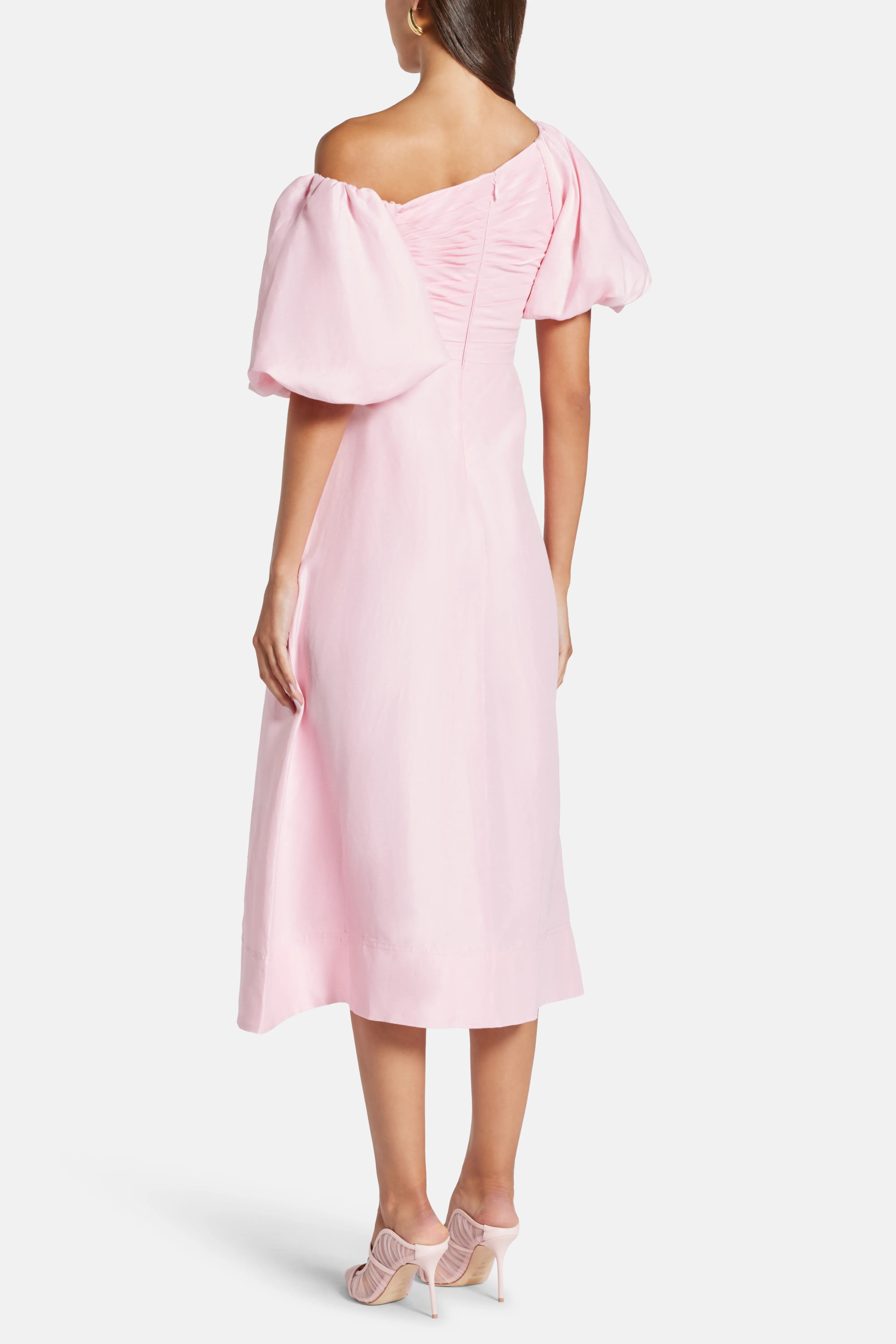 Cadence Ruched Midi Dress with Asymmetrical Neckline in Pink
