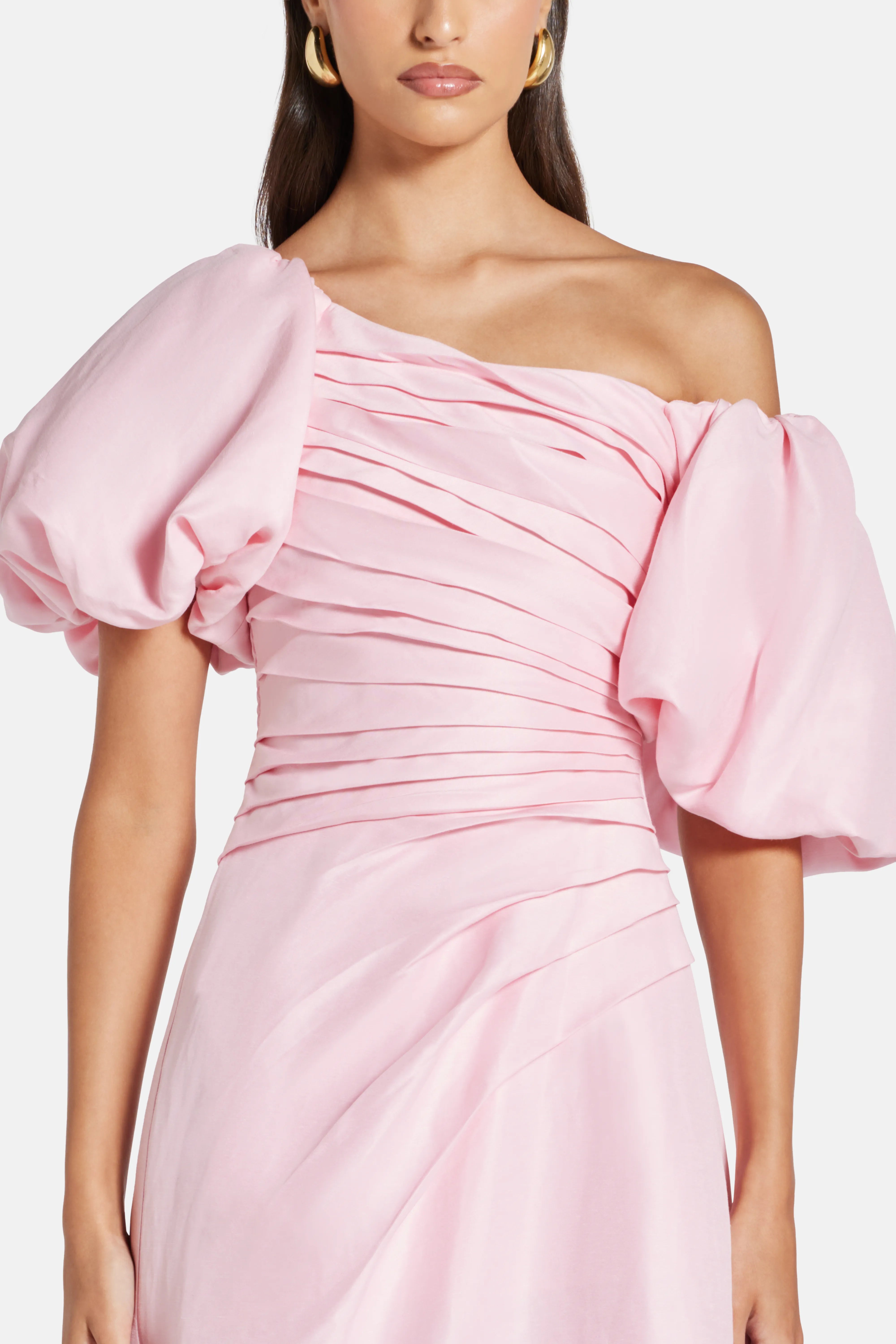 Cadence Ruched Midi Dress with Asymmetrical Neckline in Pink