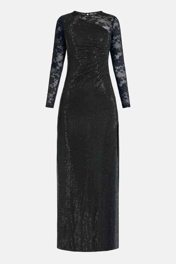 Rhinestone Lace Sleeves Evening Dress in Black
