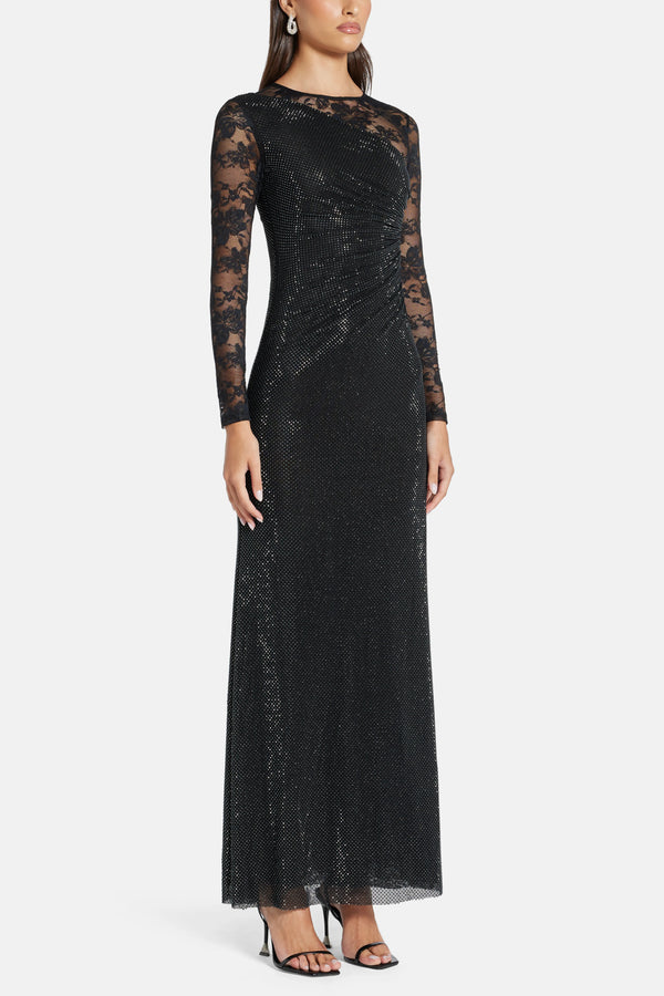 Rhinestone Lace Sleeves Evening Dress in Black