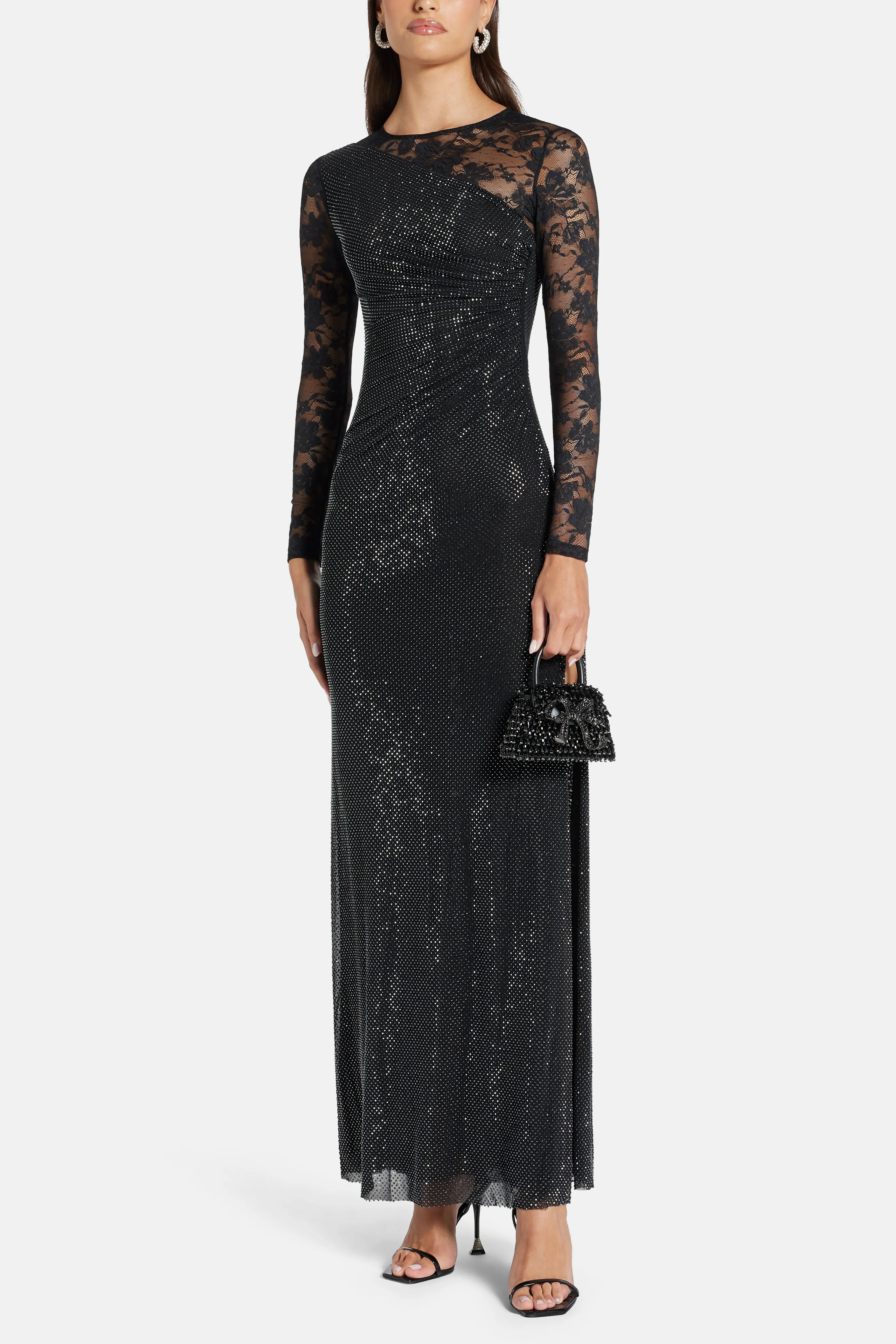 Rhinestone Lace Sleeves Evening Dress in Black