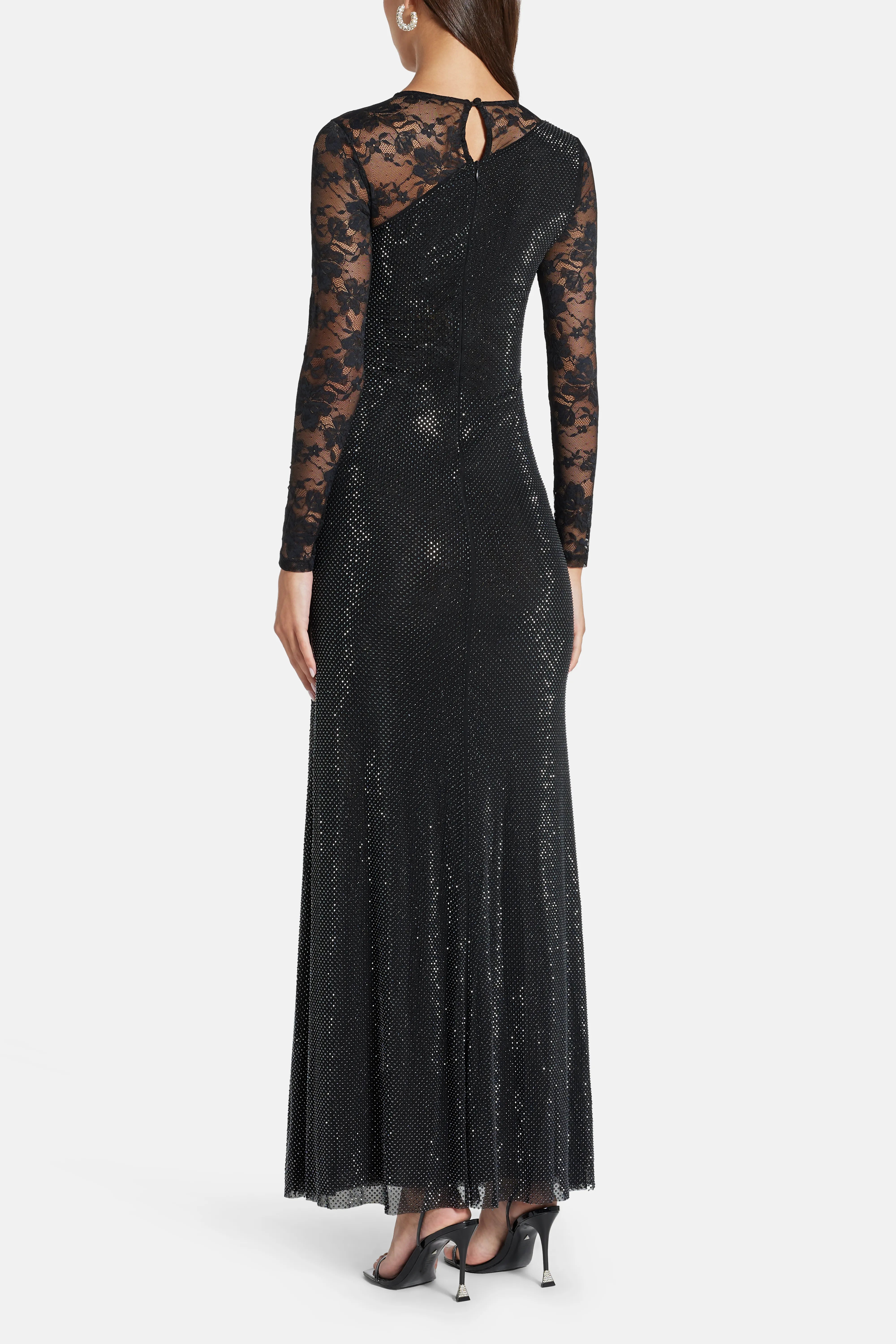 Rhinestone Lace Sleeves Evening Dress in Black