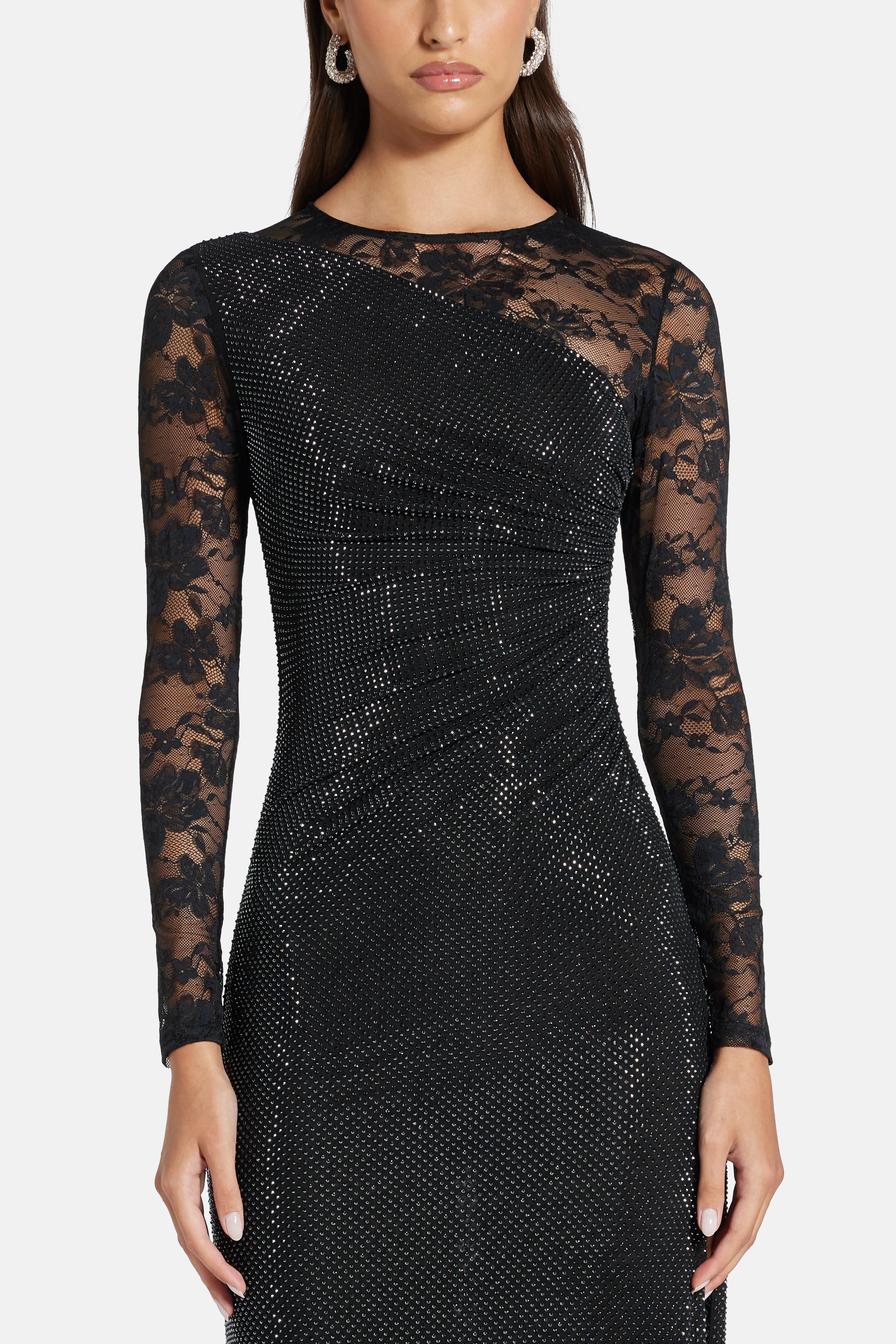Rhinestone Lace Sleeves Evening Dress in Black