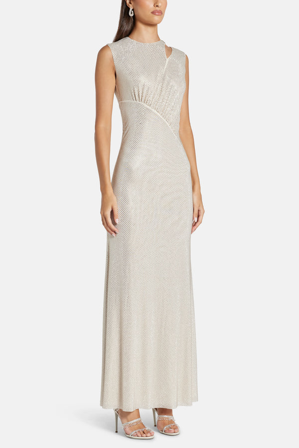 Rhinestone Cut Out Sleeveless Evening Dress in White