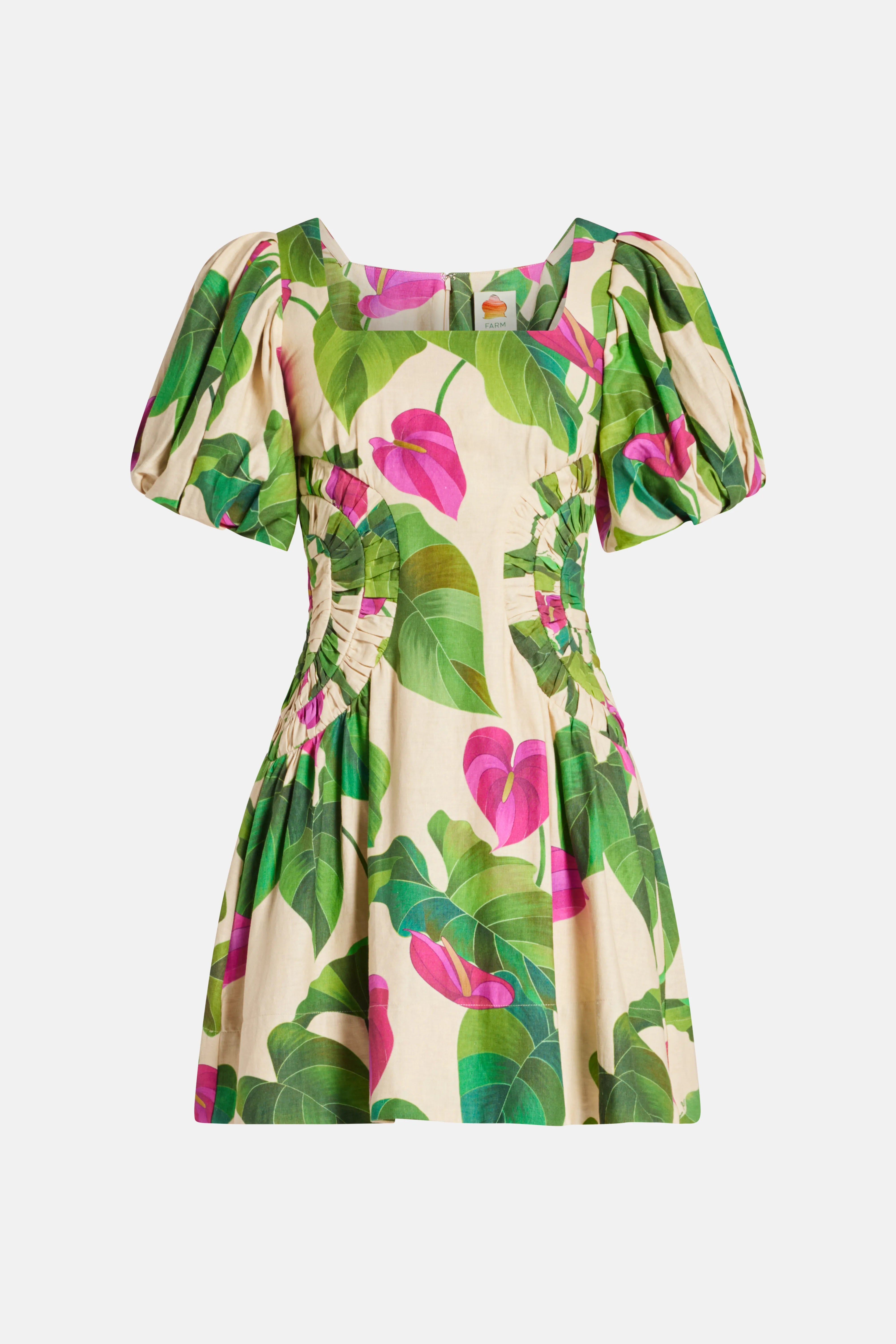 Anthurium Leaves Sand Cotton Mini Dress in Beige and Green