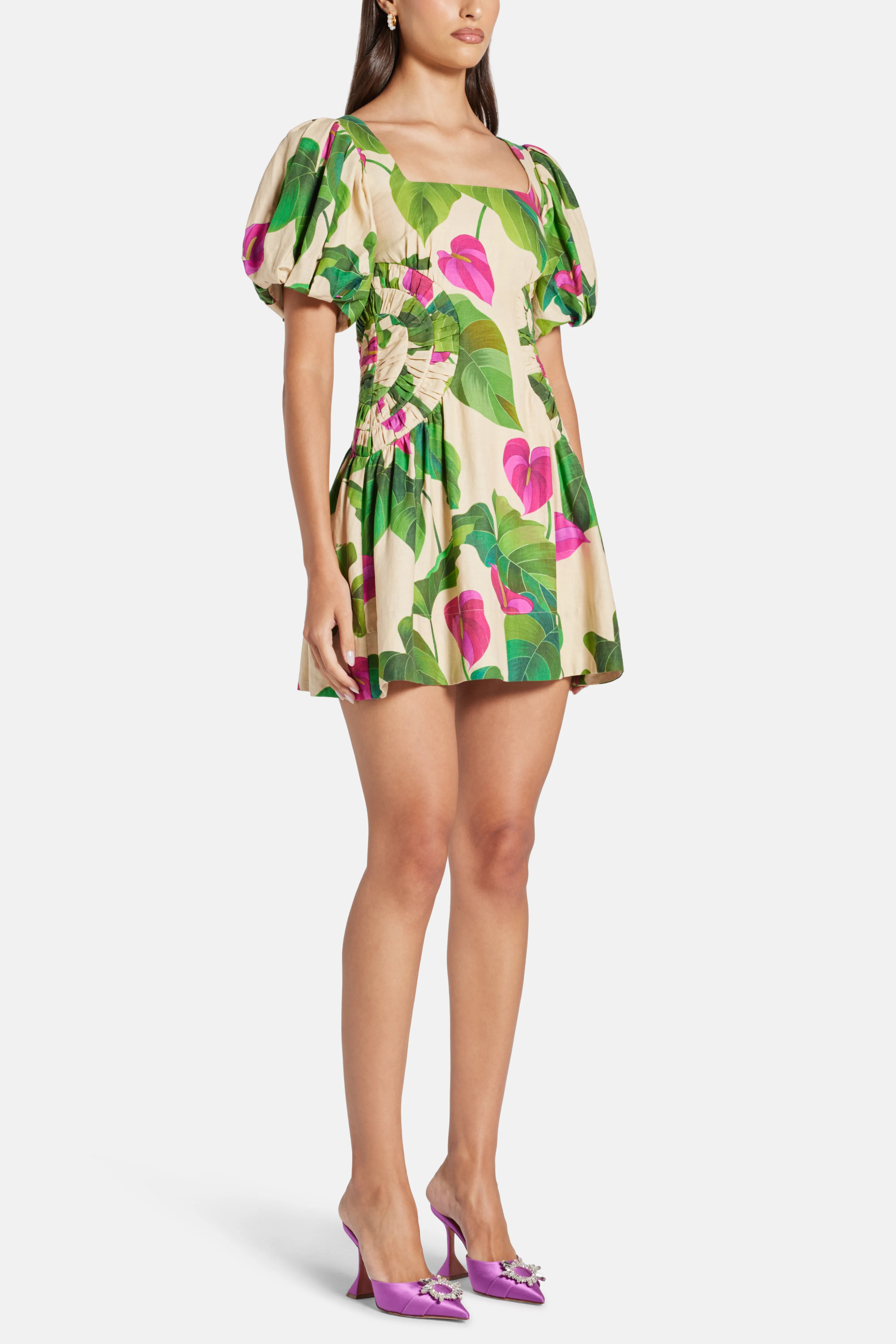 Anthurium Leaves Sand Cotton Mini Dress in Beige and Green