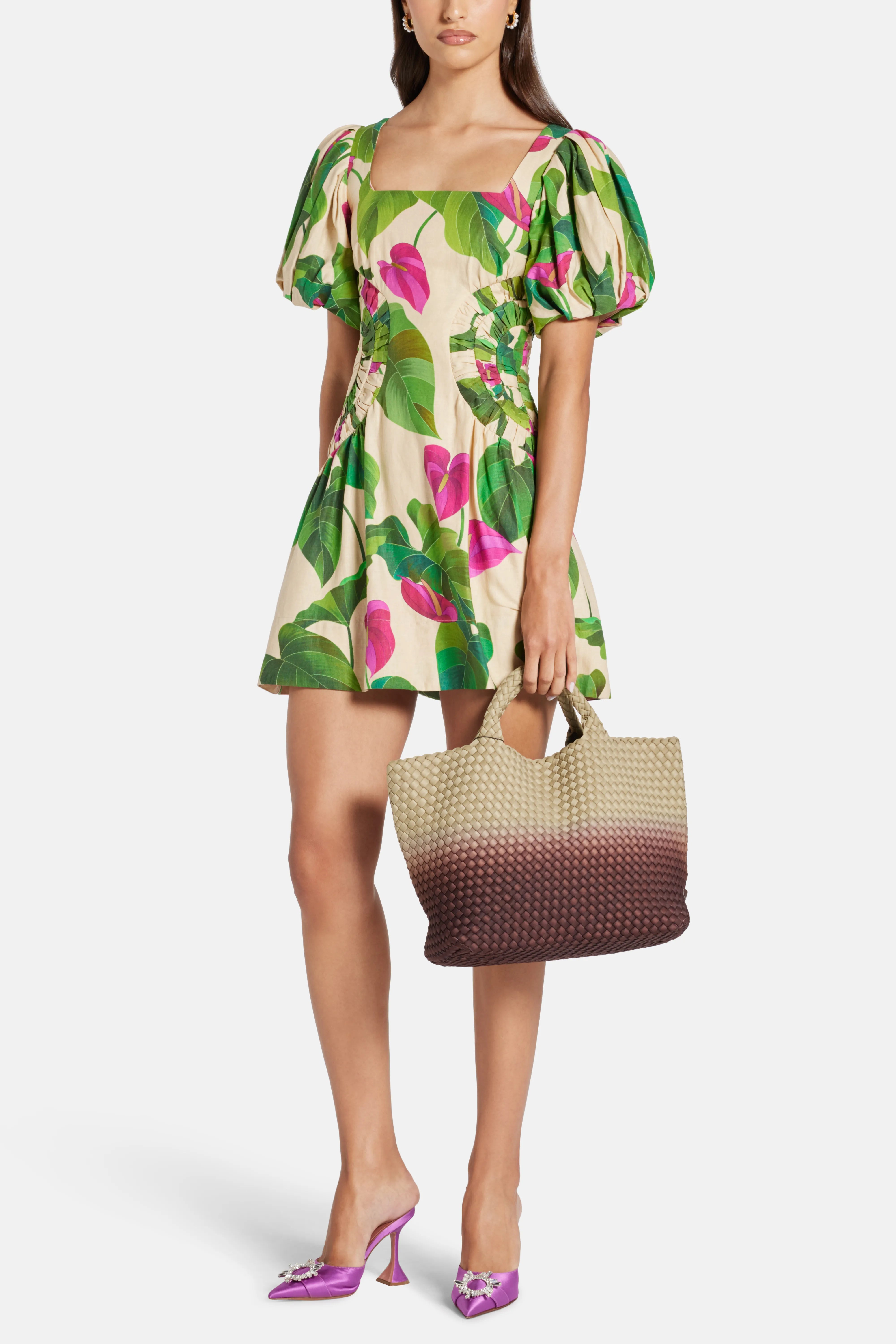 Anthurium Leaves Sand Cotton Mini Dress in Beige and Green