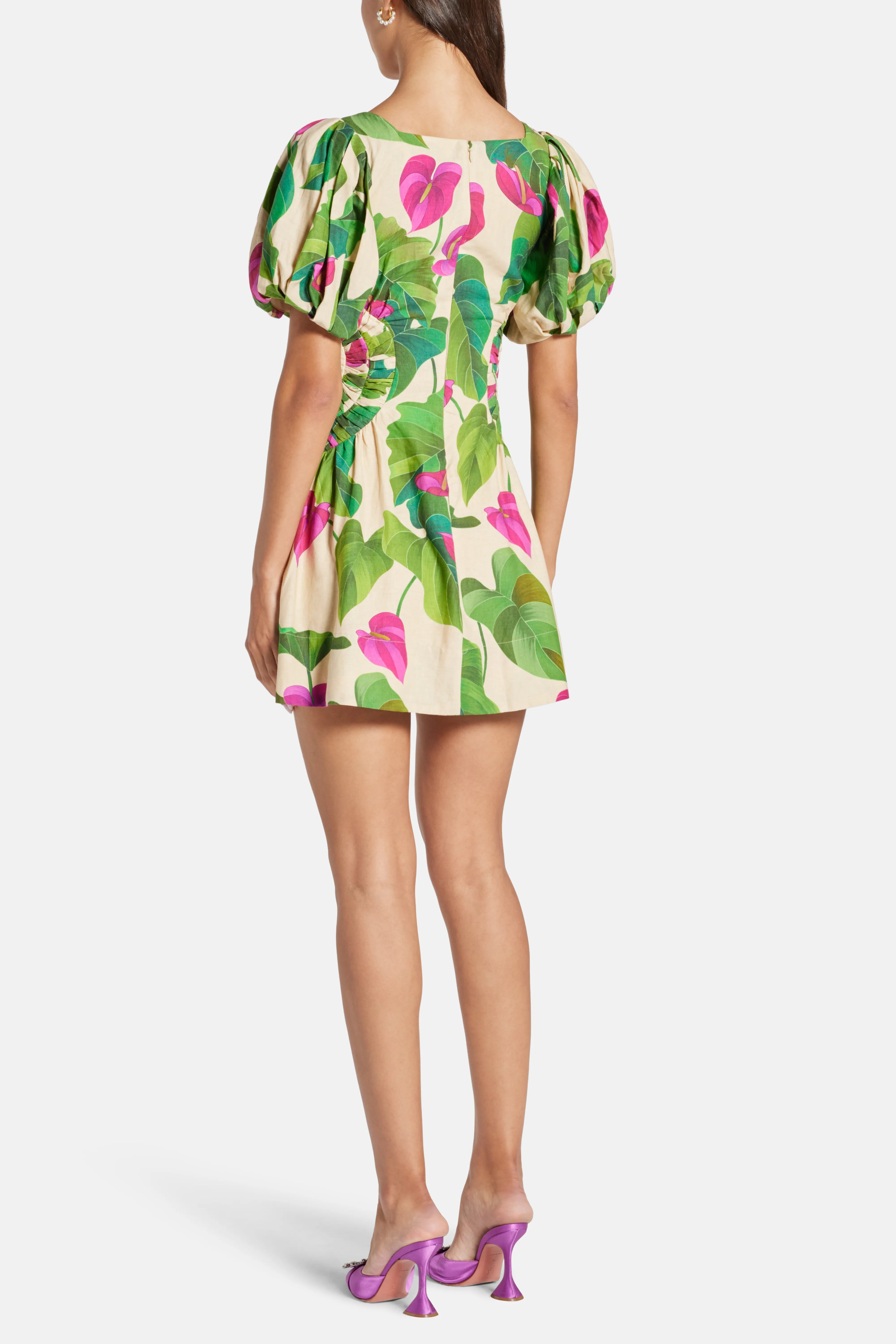 Anthurium Leaves Sand Cotton Mini Dress in Beige and Green