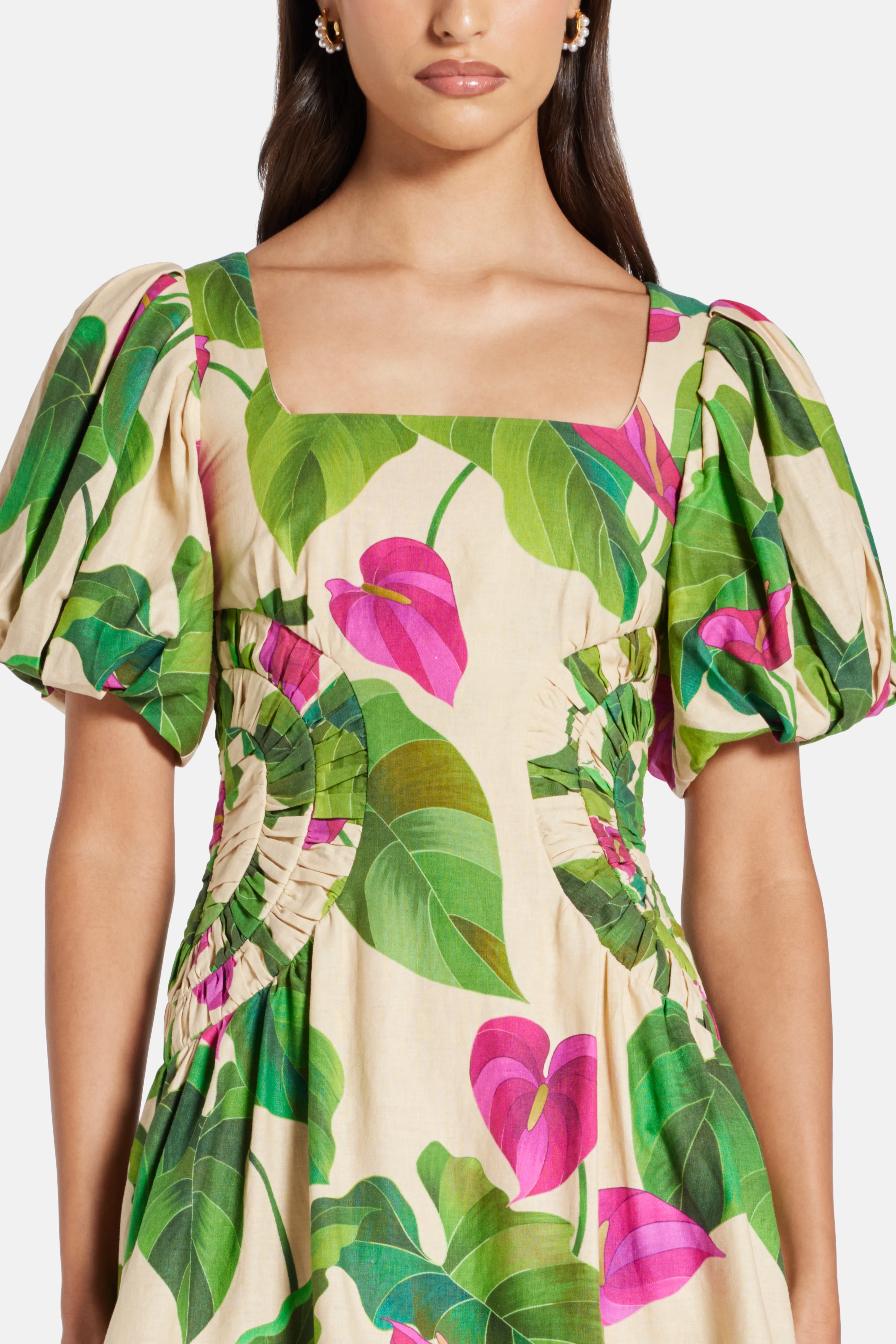 Anthurium Leaves Sand Cotton Mini Dress in Beige and Green