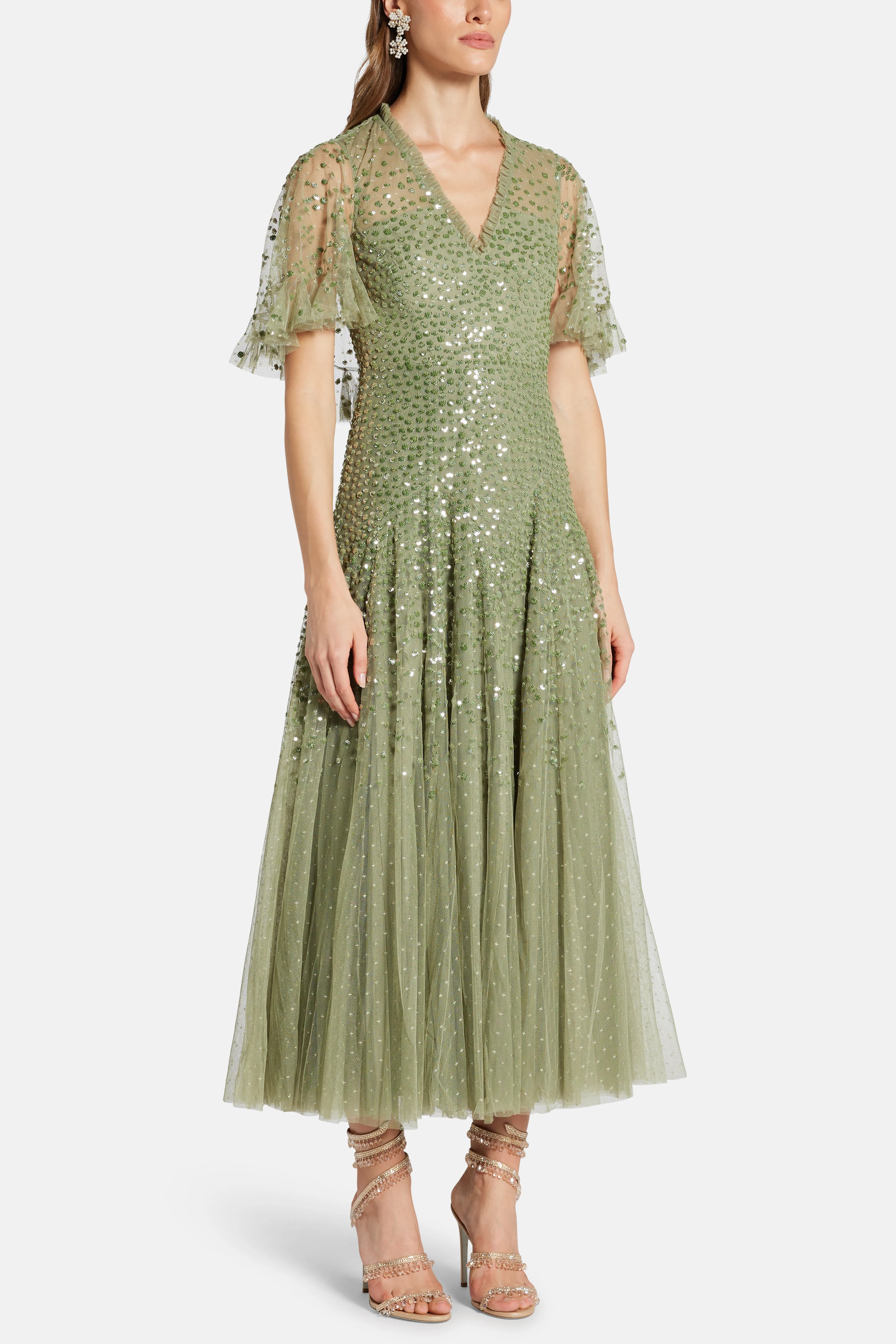 Dappled V Neck Sequin Cape Evening Dress in Green