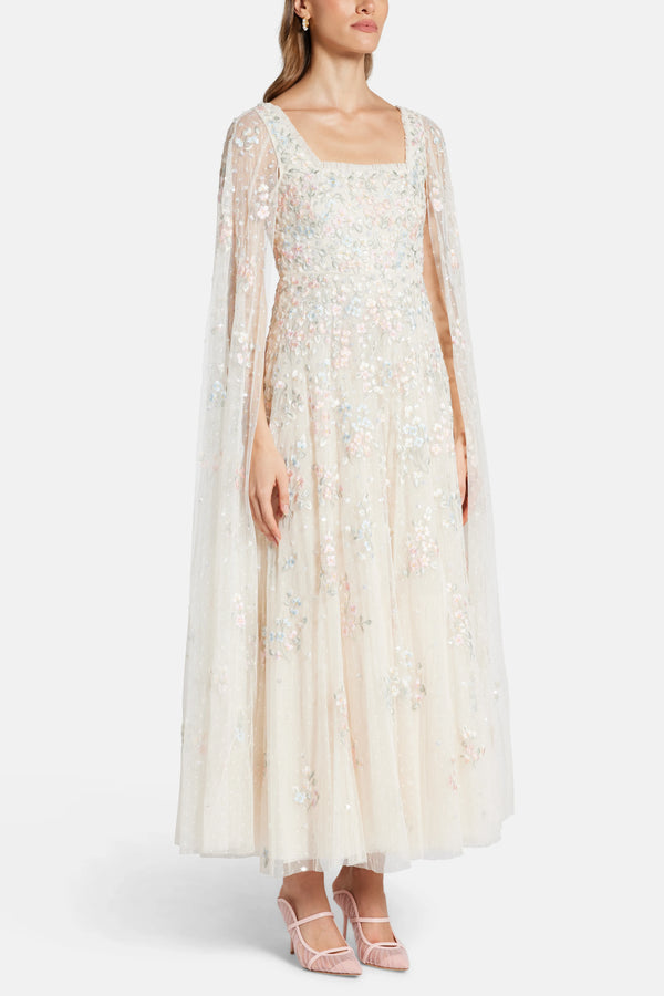 Versailles Ditsy Cape Sleeve Evening Dress in Cream