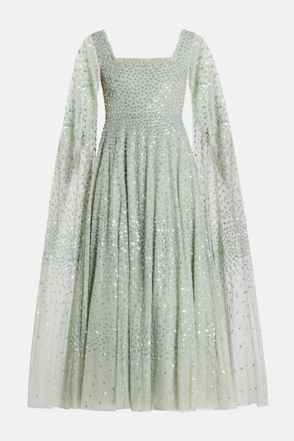 Scatter Dot Cape Sleeve Evening Dress in Green