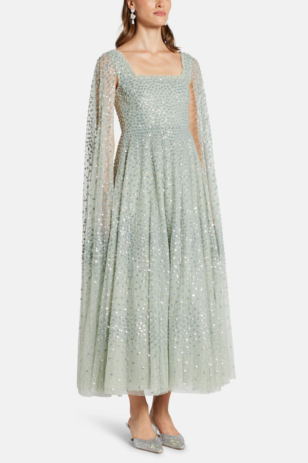 Scatter Dot Cape Sleeve Evening Dress in Green