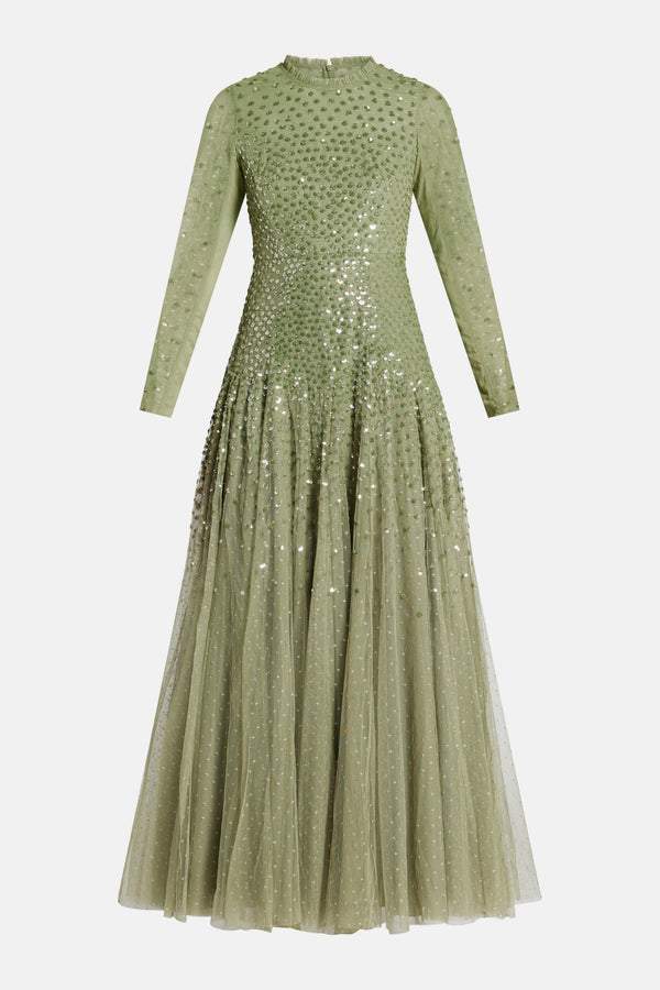 Sequin Cascade Round Neck Evening Dress in Green