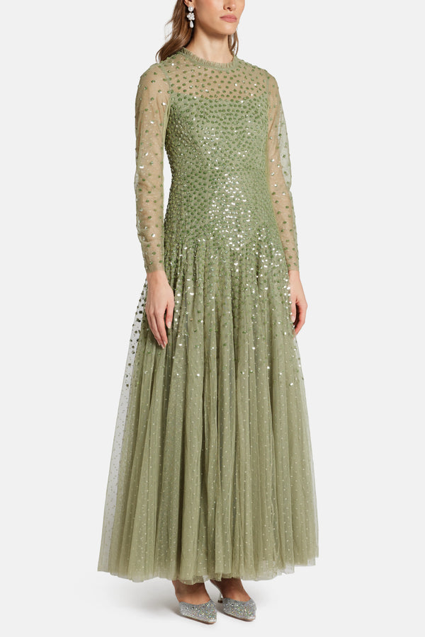 Sequin Cascade Round Neck Evening Dress in Green