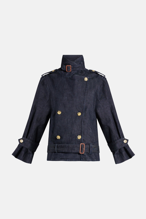Double Breasted Cotton Denim Trench Jacket in Blue