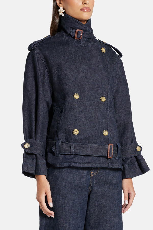Double Breasted Cotton Denim Trench Jacket in Blue
