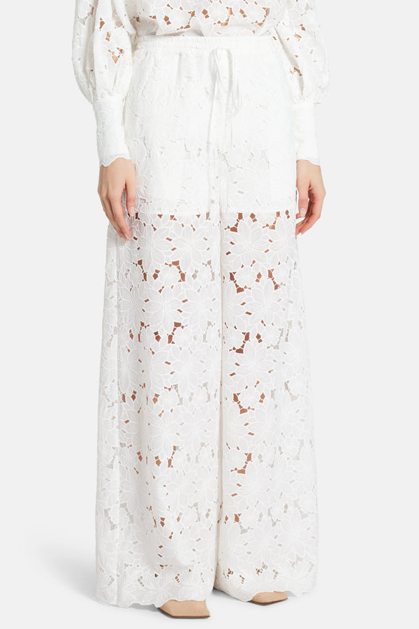 Raya Lace Cotton Wide Legged Pants in White
