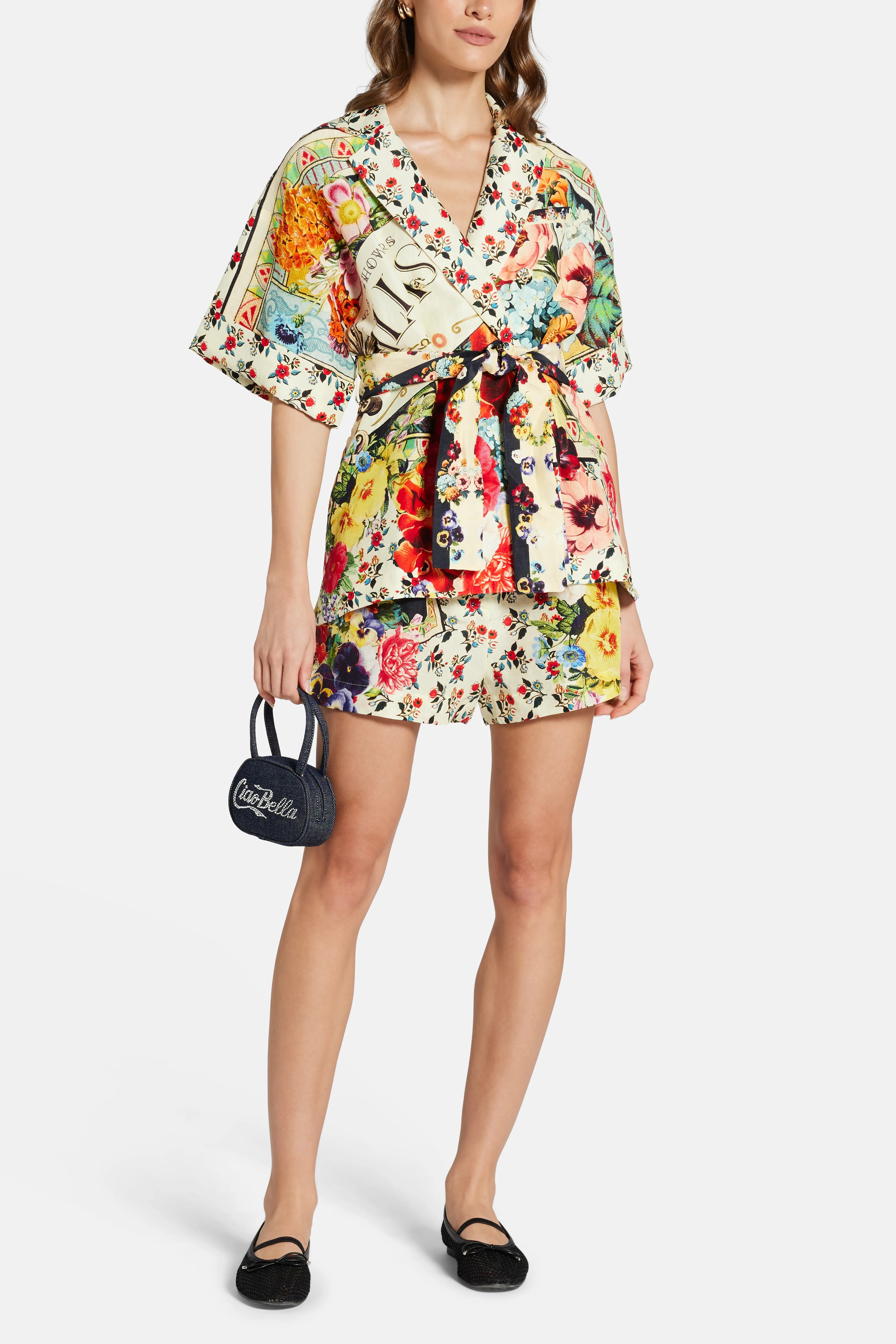 Floral Belted Tuck Front Linen And Silk Shorts in Red