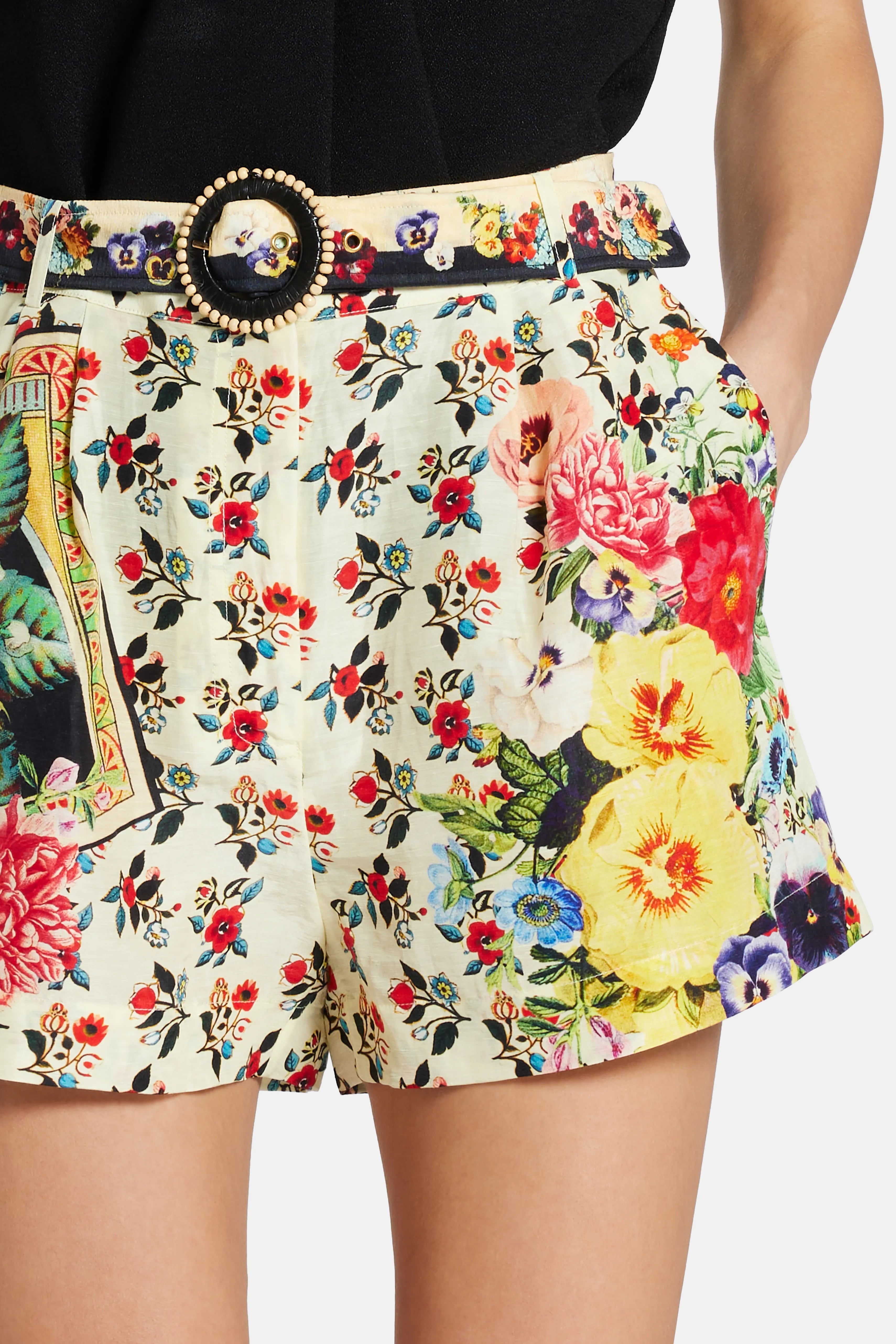 Floral Belted Tuck Front Linen And Silk Shorts in Red