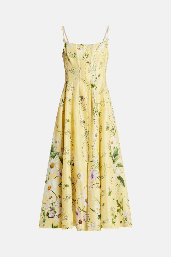 Floral Long Flared Corset Linen And Silk Maxi Dress in Yellow