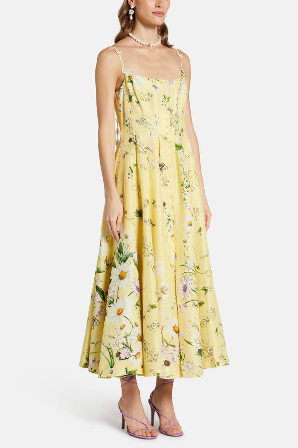 Floral Long Flared Corset Linen And Silk Maxi Dress in Yellow