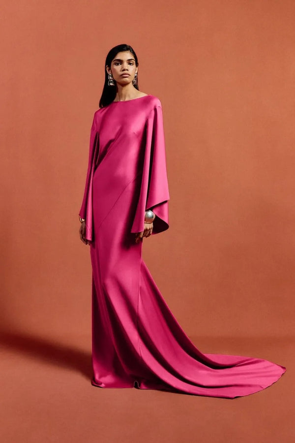 Xanthe Flared Sleeves Satin Crepe Maxi Dress With Cascading Hem in Pink