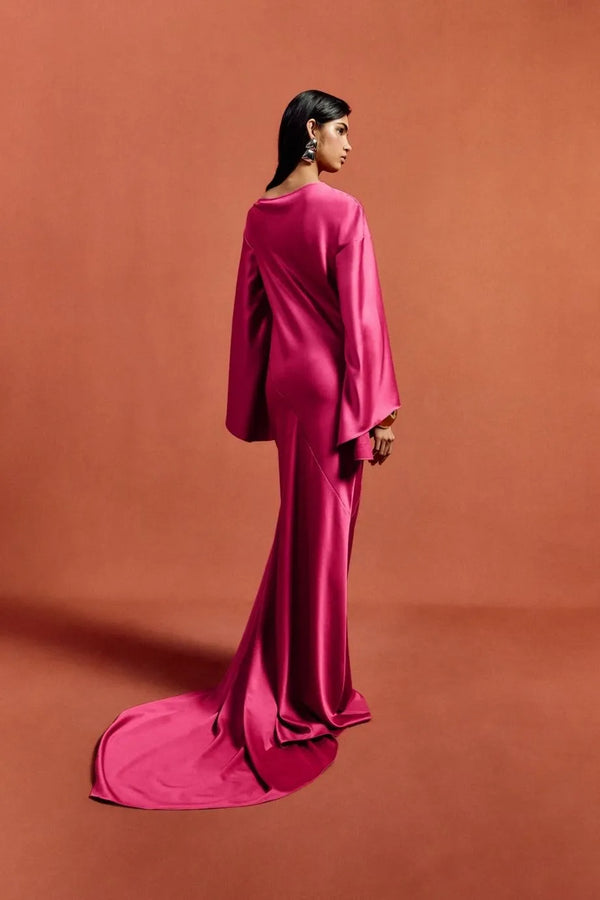 Xanthe Flared Sleeves Satin Crepe Maxi Dress With Cascading Hem in Pink