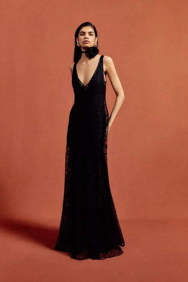 Persephone Lace Cotton Sleeveless Maxi Dress With Rose Neck Piece in Black