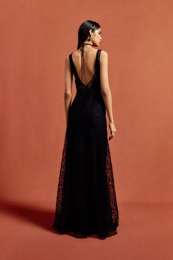 Persephone Lace Cotton Sleeveless Maxi Dress With Rose Neck Piece in Black
