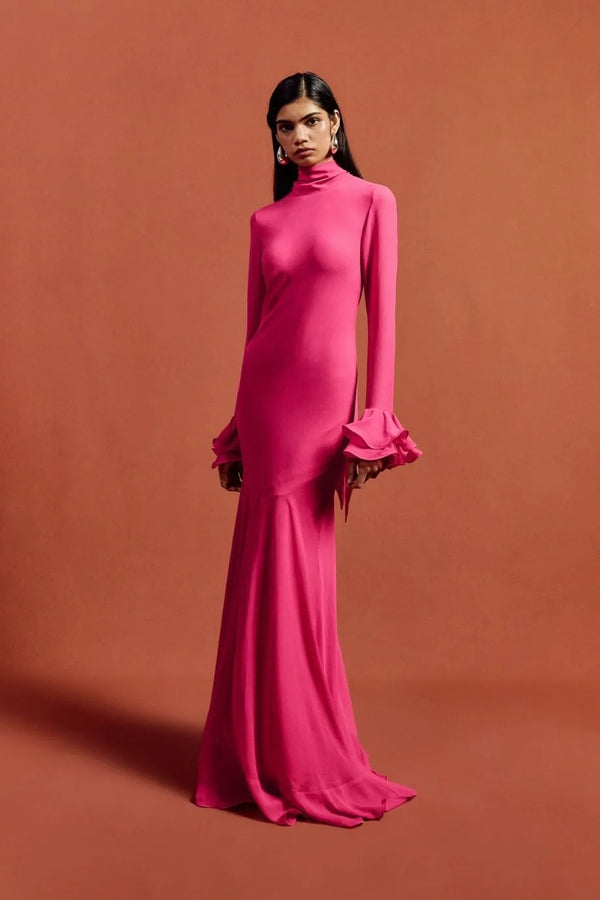 Daira Chiffon Maxi Dress With Cuffs Detail in Pink