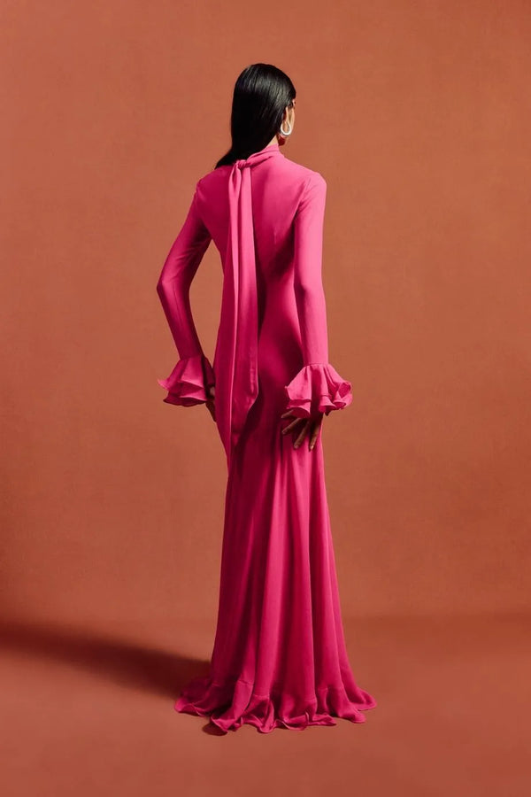 Daira Chiffon Maxi Dress With Cuffs Detail in Pink