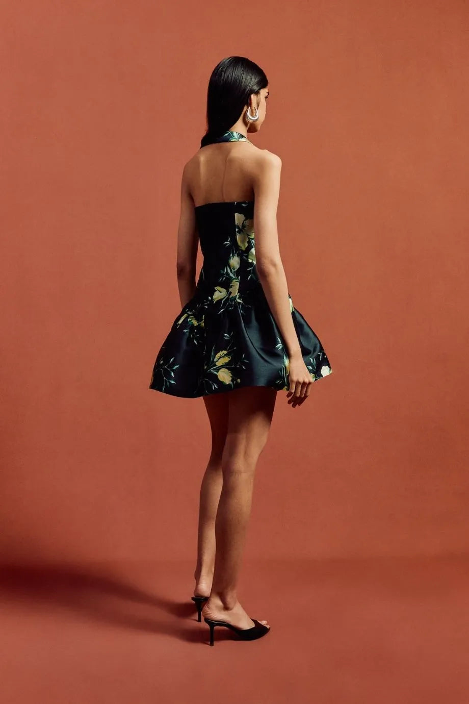Aura Floral Halter Neck Twill Mini Dress in Black