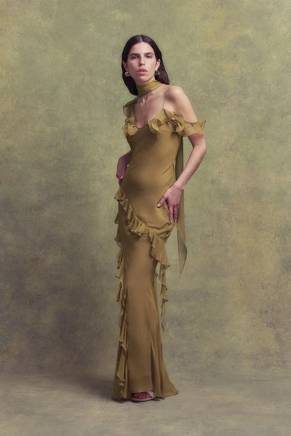 Hemera Sleeveless Ruffle Silk Chiffon Maxi Dress With Detachable Scarf in Brown