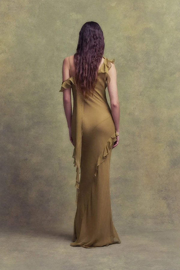 Hemera Sleeveless Ruffle Silk Chiffon Maxi Dress With Detachable Scarf in Brown