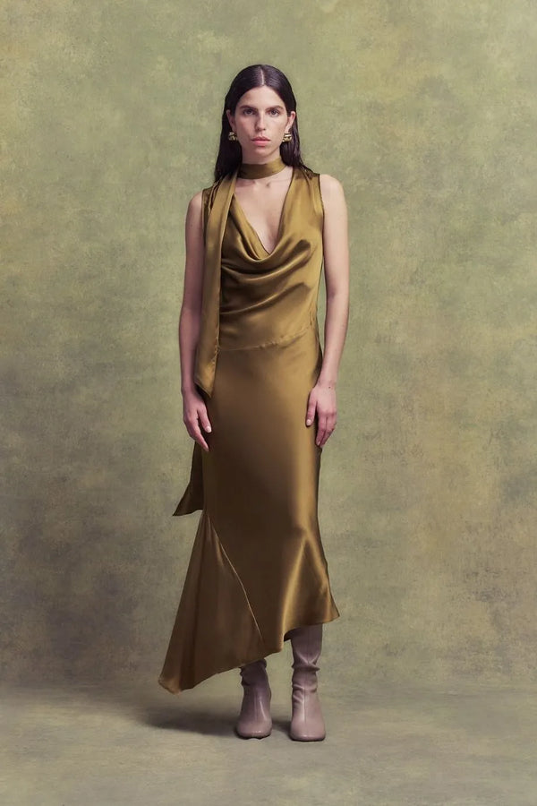 Thebe Sleeveless Silk Satin Midi Dress With Detachable Scarf in Brown