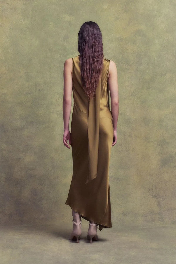 Thebe Sleeveless Silk Satin Midi Dress With Detachable Scarf in Brown