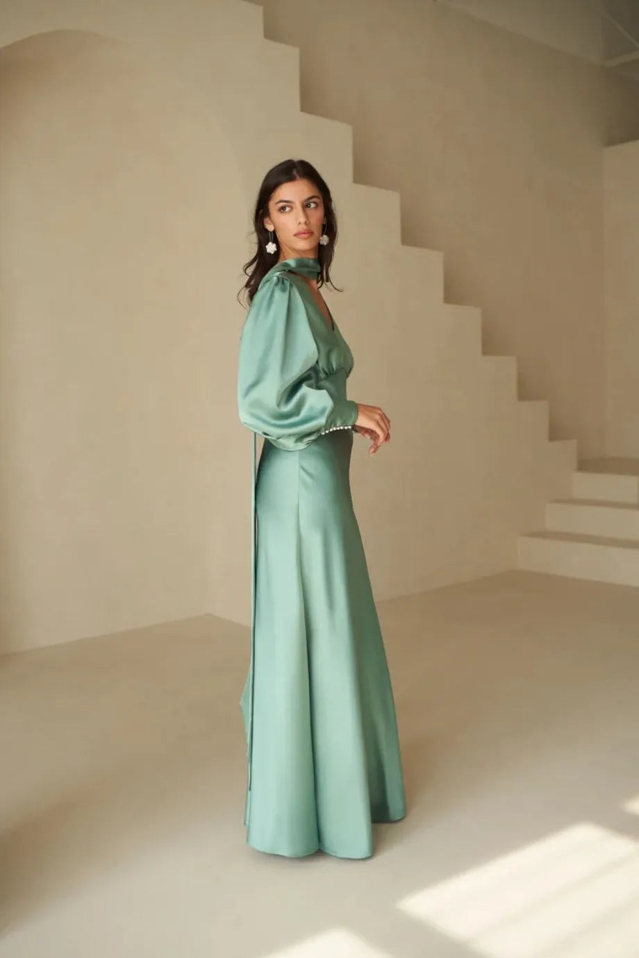 Morgan Silk Satin Evening Dress With Scarf Detail in Blue