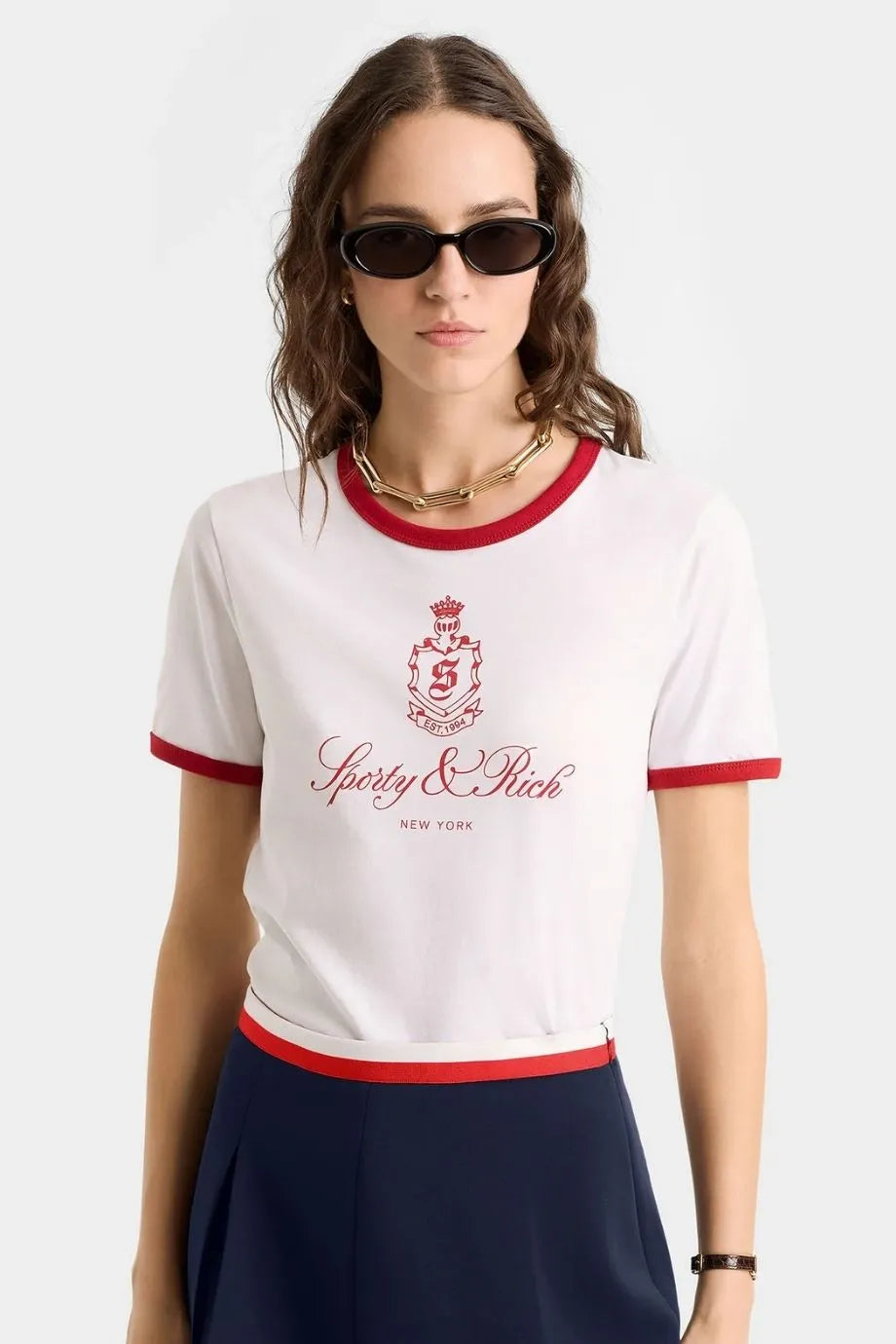 Vendome Ringer Cotton T-Shirt in White and Red