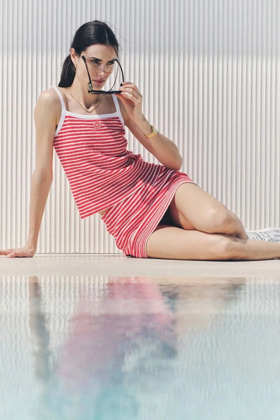Serif Logo Striped Terry Cotton Tank Top in Red