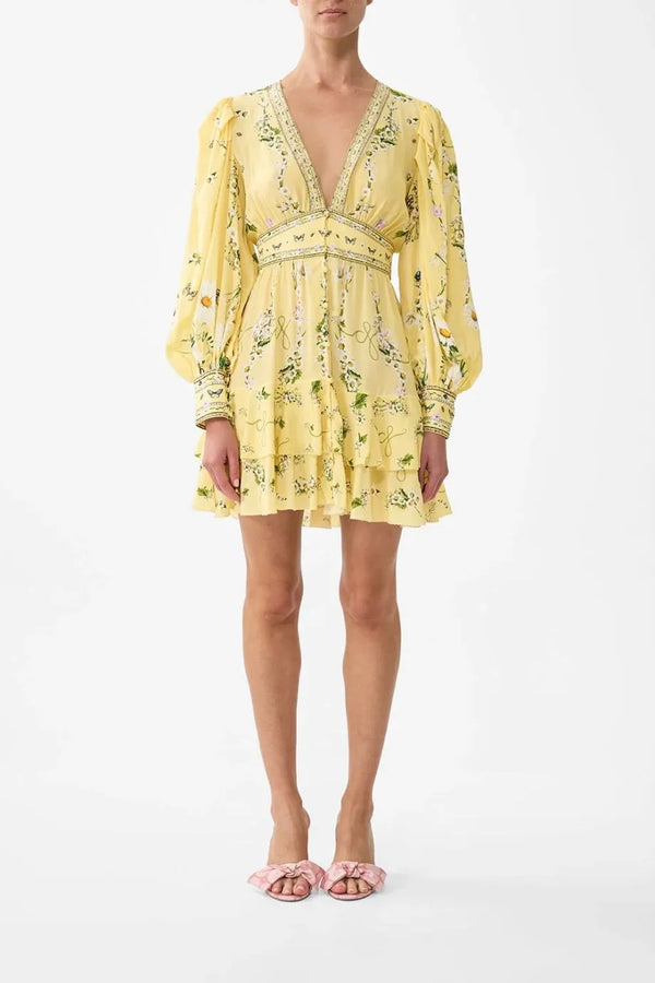 Daisy Chains Button Front Floral Frill Silk Mini Dress in Yellow