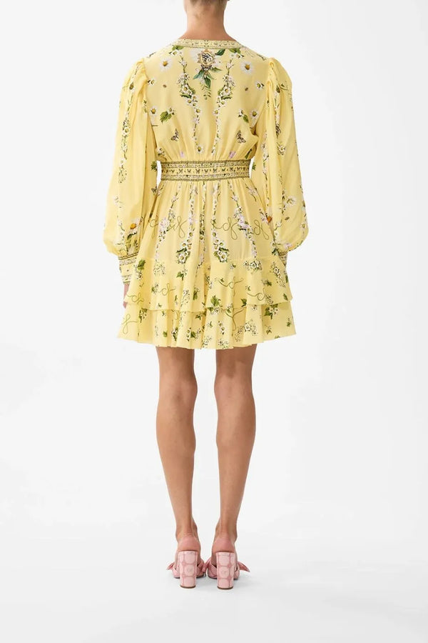 Daisy Chains Button Front Floral Frill Silk Mini Dress in Yellow