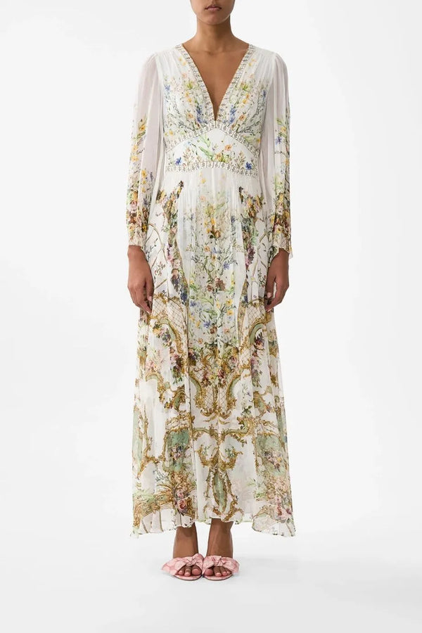Dressing Room Drama Flared Sleeves Floral Silk Maxi Dress in White