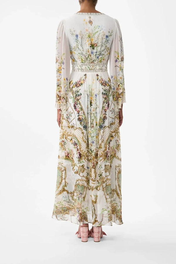 Dressing Room Drama Flared Sleeves Floral Silk Maxi Dress in White