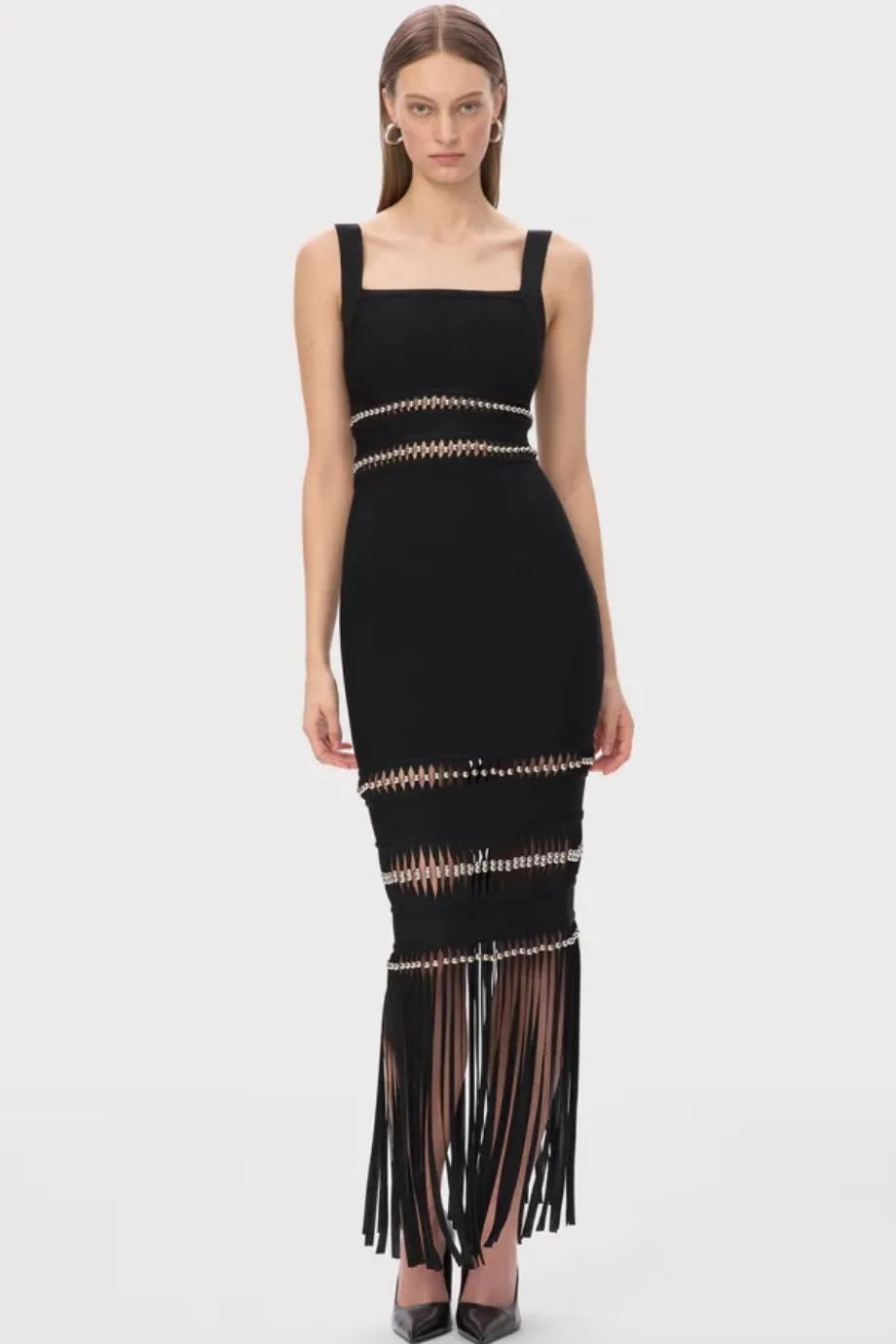 Ines Sleeveless Bandage Knit Maxi Dress With Fringes in Black