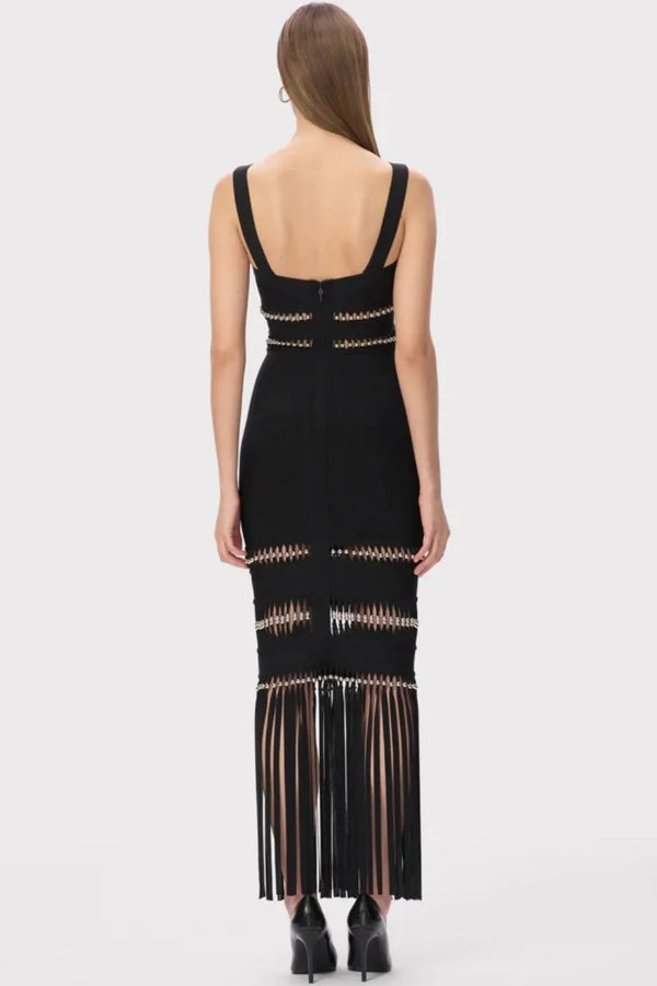 Ines Sleeveless Bandage Knit Maxi Dress With Fringes in Black