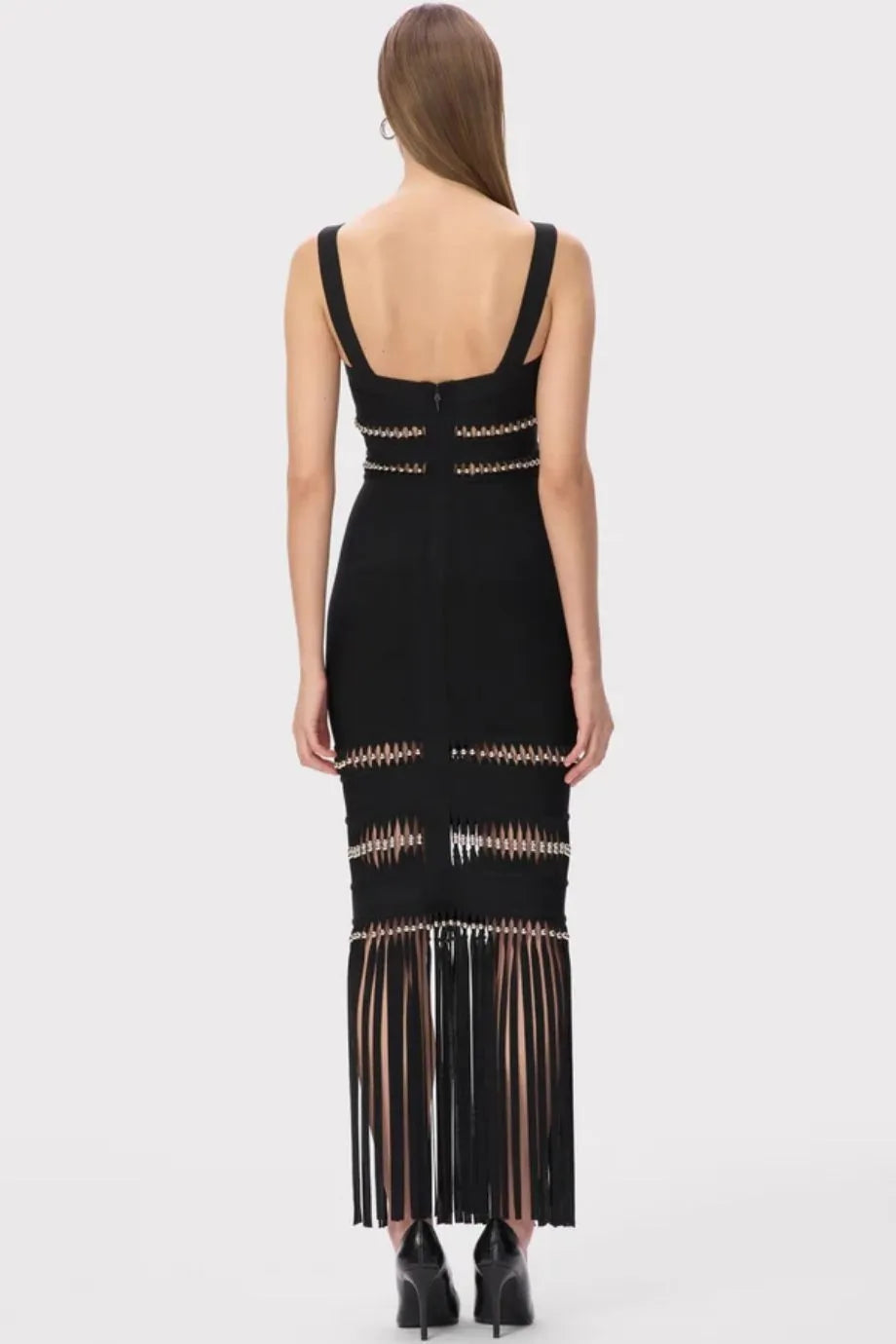 Ines Sleeveless Bandage Knit Maxi Dress With Fringes in Black