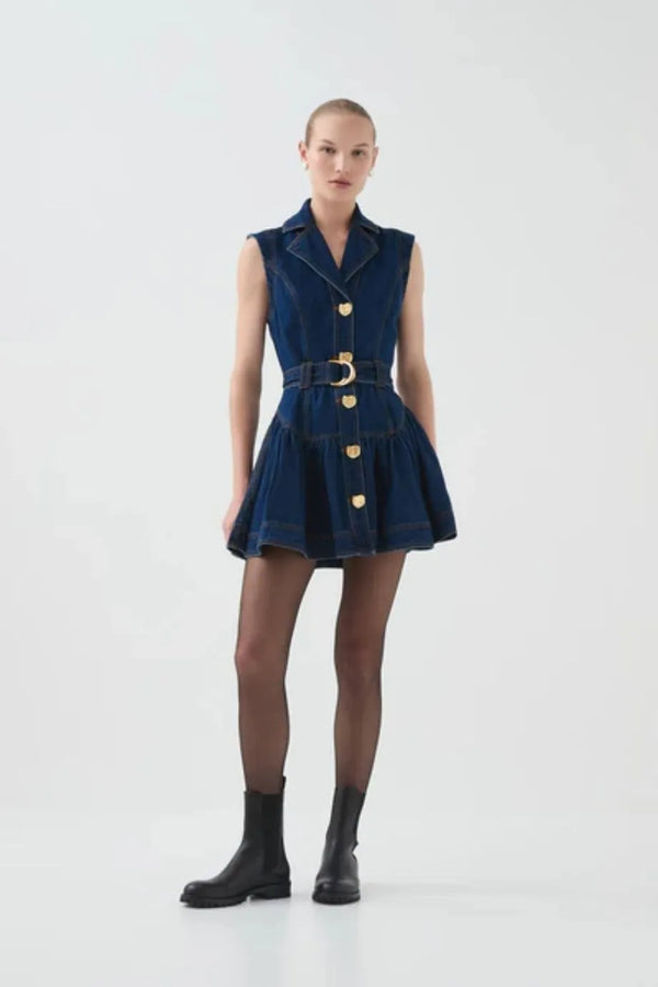 Elena Belted Cotton Denim Mini Dress in Blue
