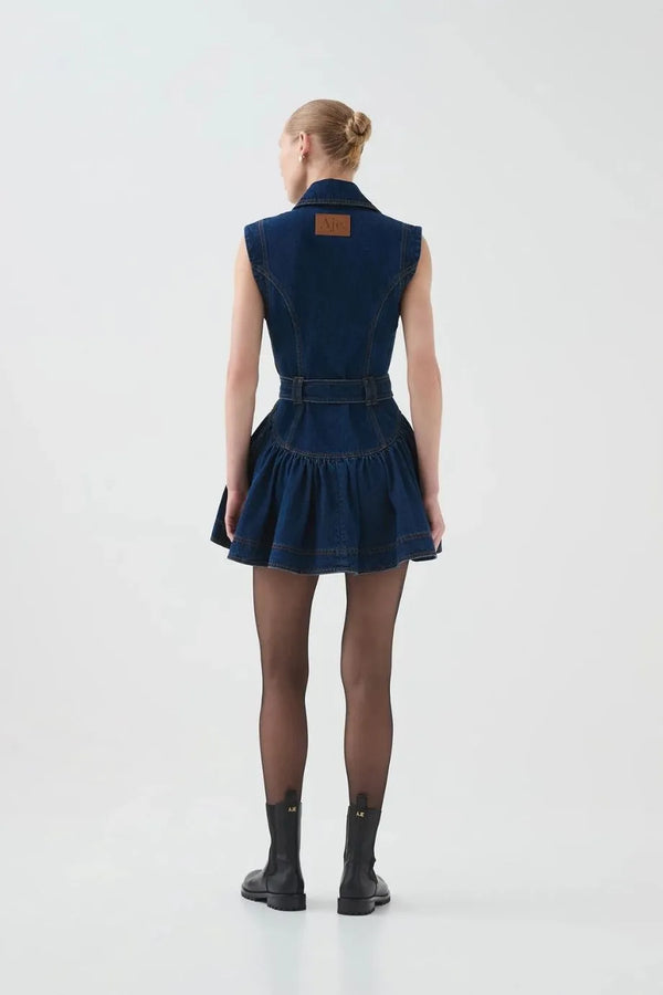 Elena Belted Cotton Denim Mini Dress in Blue