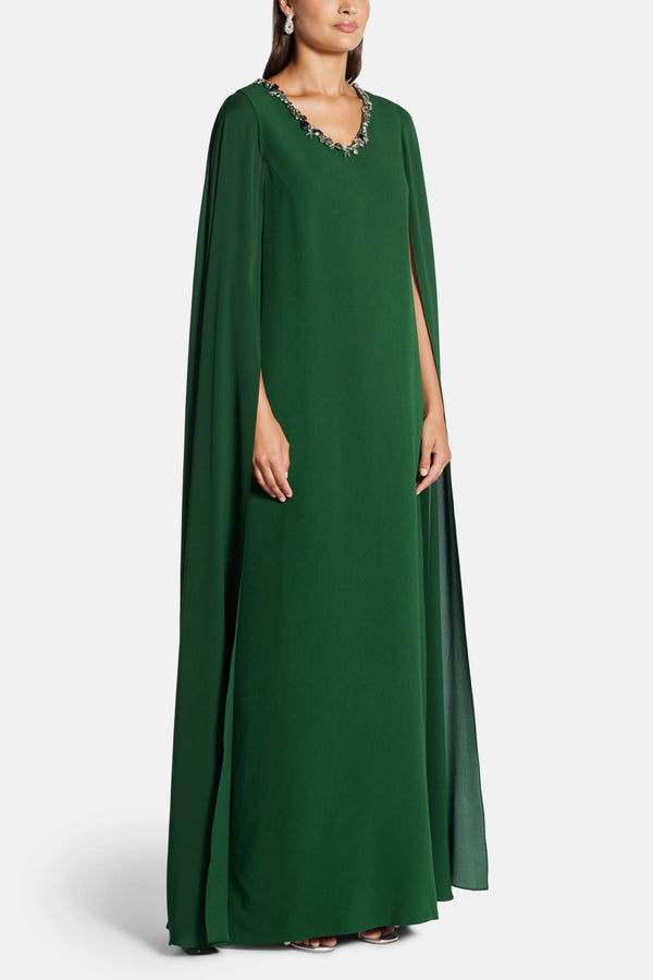Embellished Neck With Cape Sleeves Evening Gown in Green